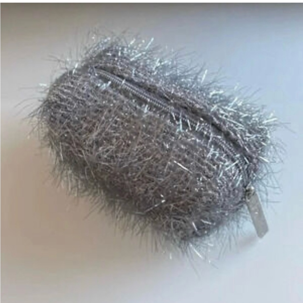NWOT MAC Silver Fuzzy Zippered Pouch